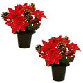 Christmas Artificial Flowers for Graves Pack 2 | Red Poinsettia with Cone & Holly Berry | Cemetery Artificial Grave Flower Pots | Durable Grave Pot for Floral Arrangement Decorations
