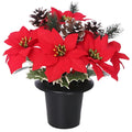 Christmas Artificial Flowers for Graves Pack 1 | Red Poinsettia with Snowy Cone & Variagated Holly | Cemetery Artificial Grave Flower Pots | Durable Grave Pot for Floral Arrangement Decorations
