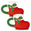 Pk2 Santa Boot Ceramic Christmas Mug | Festive Red & Green Cup with White Gloss Finish & Holly Detail | Perfect for Hot Chocolate, Coffee & Tea | Stocking Filler & Xmas Party Drinkware