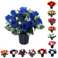 Caliko Artificial Flowers for Graves 12 Head Grave Flower Pots in Blue Color Perfect for Memorial & Cemetery Decorations Rose Buds Funeral Flowers/Cemetery Flowers in Improved Version, Standard