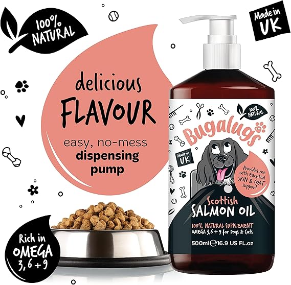 Bugalugs Scottish Salmon Oil For Dogs & Cats, Supplement Supports Dog Skin And Coat, Itchy Skin & A Moulting Dog, Omega 3 Fish Oil Perfect For Grooming & Dog Food (500ml)