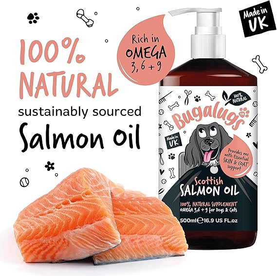 Bugalugs Scottish Salmon Oil For Dogs & Cats, Supplement Supports Dog Skin And Coat, Itchy Skin & A Moulting Dog, Omega 3 Fish Oil Perfect For Grooming & Dog Food (500ml)